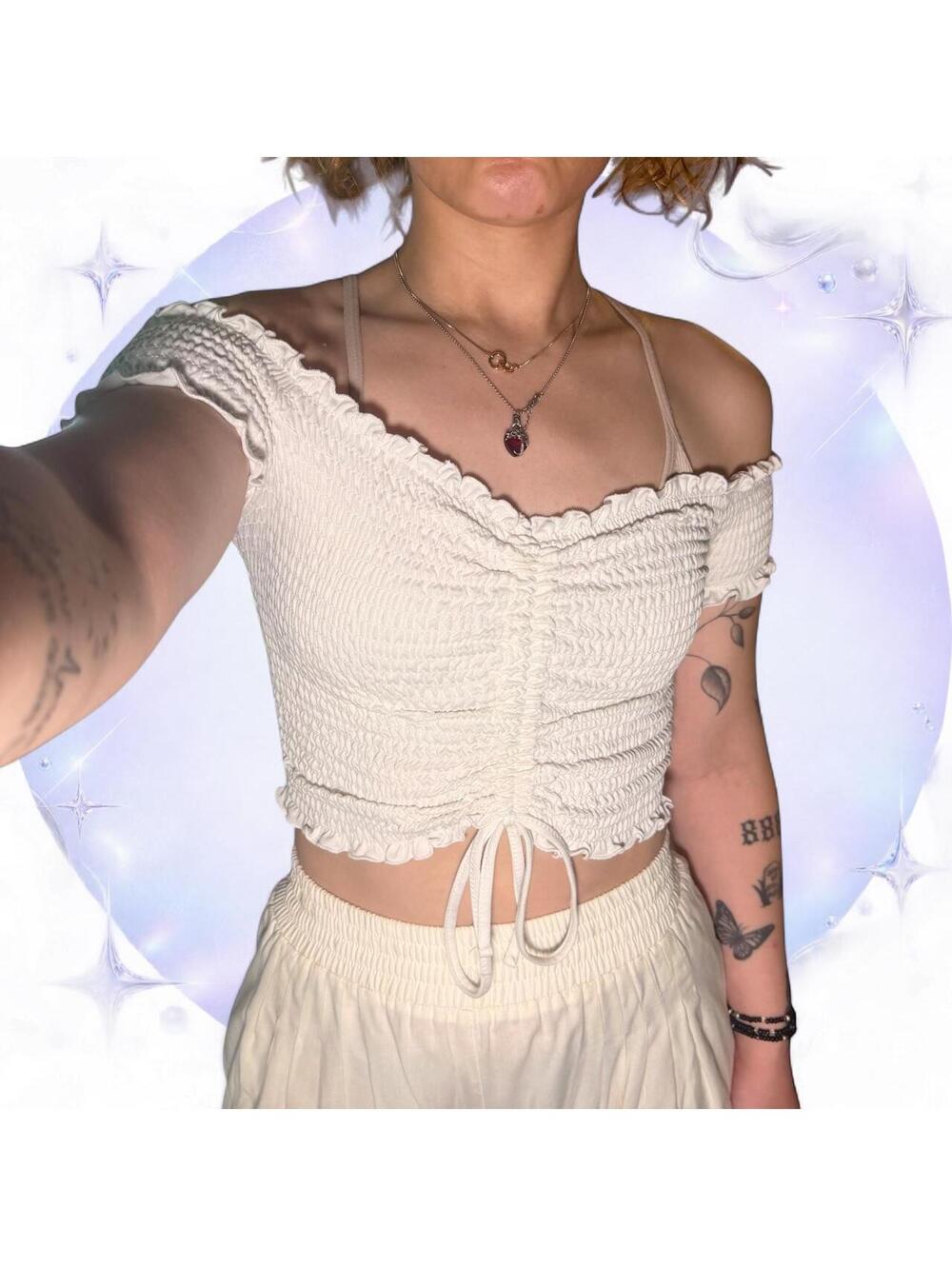 Rue21 White Smocked Ruched Crop Top XS Coquette Y2K Lettuce Trim